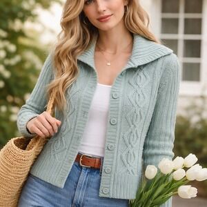 Sonoma Life Style Womens PM Petite Chenille Cable Knit Cardigan Seafoam Green